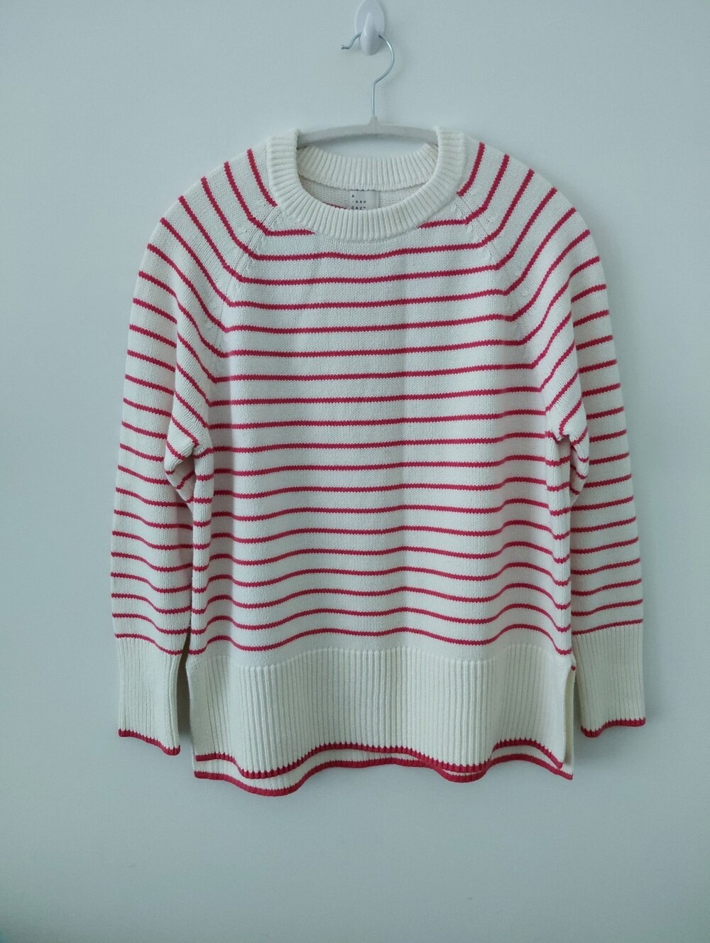 White & Pink Striped Crewneck Sweater